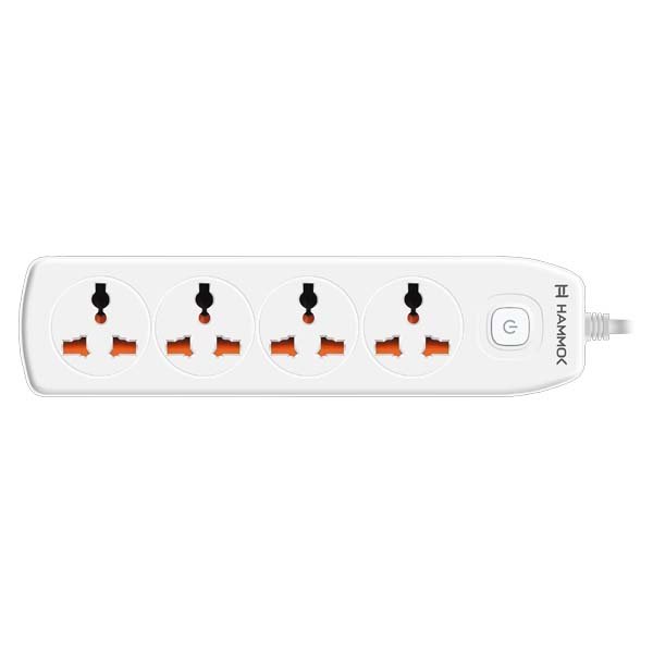 Spike Guard Hammok Halo 4+1 Multi Plug Adapter 1.5Mtr | 220-250V 50Hz, 2000W, 4 International Sockets, Wall Mountable, With ON/OFF Switch, White