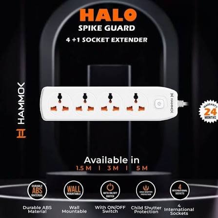 Spike Guard Hammok Halo 4+1 Multi Plug Adapter 3Mtr | 220-250V 50Hz, 2000W, 4 International Sockets, Wall Mountable, With ON/OFF Switch, White