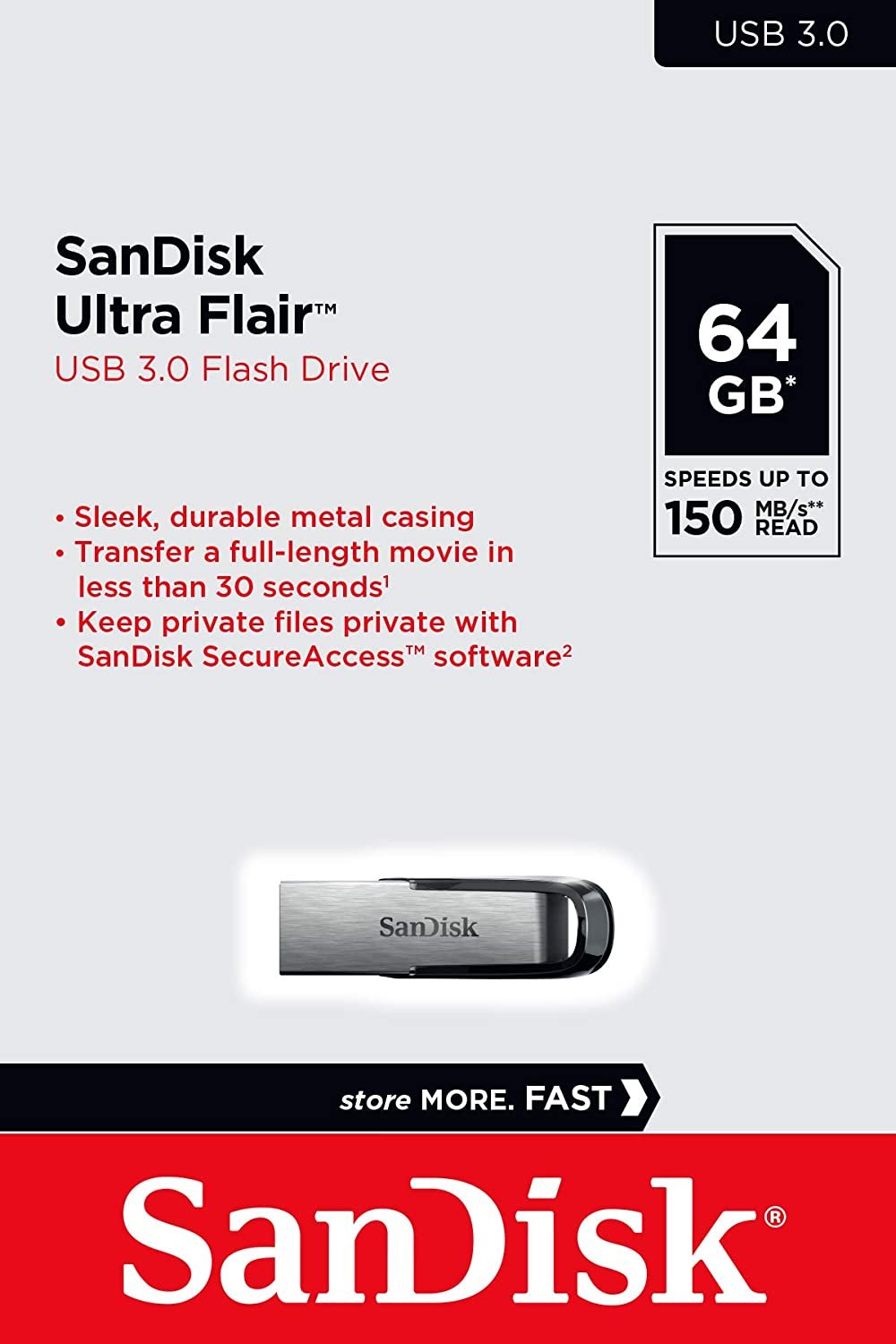Pendrive Sandisk Flash Drive Ultra Flair USB 3.0 64gb SDCZ73-064G-I35, Silver Black