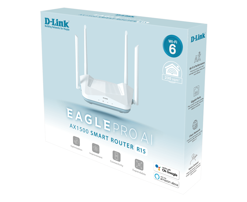 Router D-Link R15 | AI Powered Mesh Support Dual Band EAGLE PRO AX1500 Smart Router with Gigabit Port, WiFi 6 Speed 1500 Mbps, Covers Upto 2500 Sq. Ft, High-Performance, High-Gain Antennas, MTCTE Certified, White