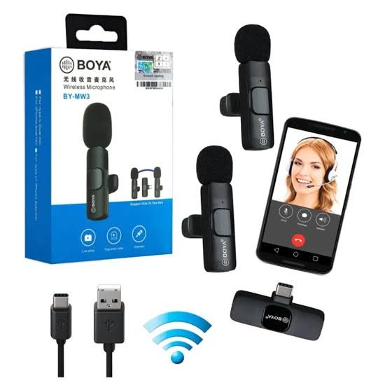 Wireless Microphone Boya BY-MW3 | 2.4GHz Anti-Spray Sponge, Type-C Receiver, Built-in Rechargeable Battery, Compatible With IPhone/ iPad, Black