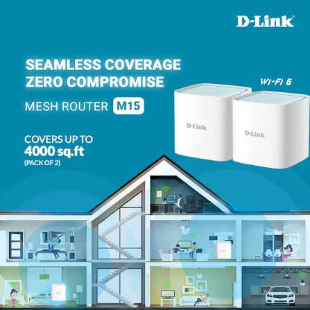 Router D-Link M15 AI Powered Mesh Router | WiFi 6 Speed 1500 Mbps, Pack of 2 - Covers Upto 4000 Sq. Ft., Dual Band with Gigabit Port, Seamless Whole Home, MTCTE Certified, White