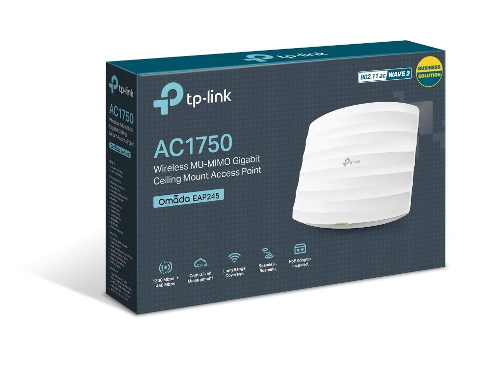 Net TP-Link Omada AC1750 Wireless Dual Band MU-MIMO Gigabit Ceiling Mount Access Point EAP245 | 1750Mbps, Seamless Roaming, Beamforming, Poe Powered, Band Steering, Airtime Fairness, White