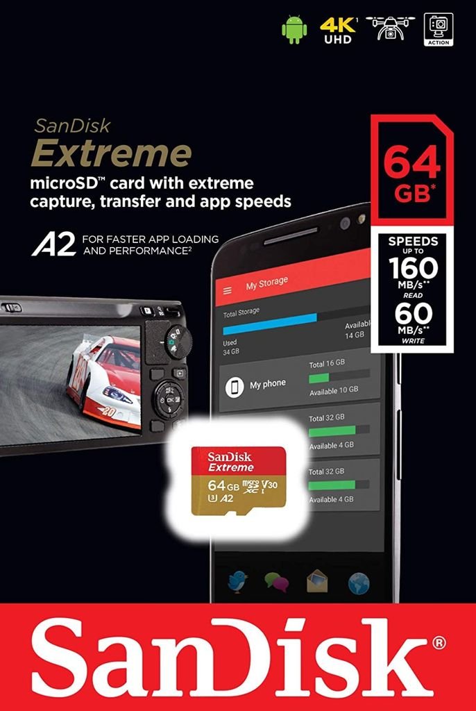 Micro SD Card SanDisk Extreme UHS I 64gb Card SDSQXAH-064G-GN6MN | For 4K Video on Smartphones, Action Cams 170MB/s Read, 80MB/s Write