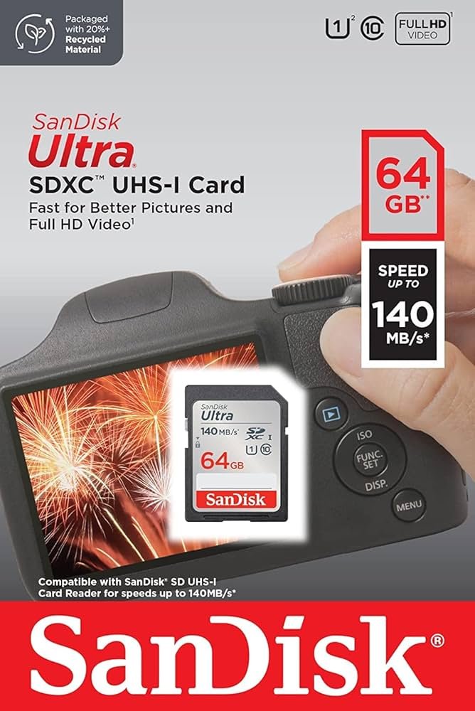 Card SD SanDisk 64GB Ultra SDXC UHS-I Memory Card - Up to 140MB/s, C10, U1, Full HD, SD Card - SDSDUNB-064G-GN6IN