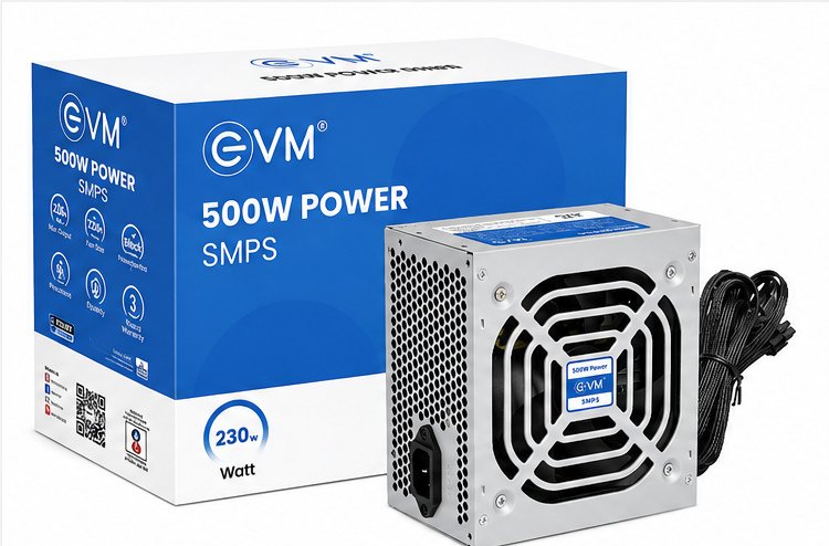 EVM 500W Power SMPS Power Supply for Desktop PC | 230W Real & Stable Output, 120mm Low-Noise Cooling Fan | Individual Box Packing, Power Cord Included | 3 Years Warranty