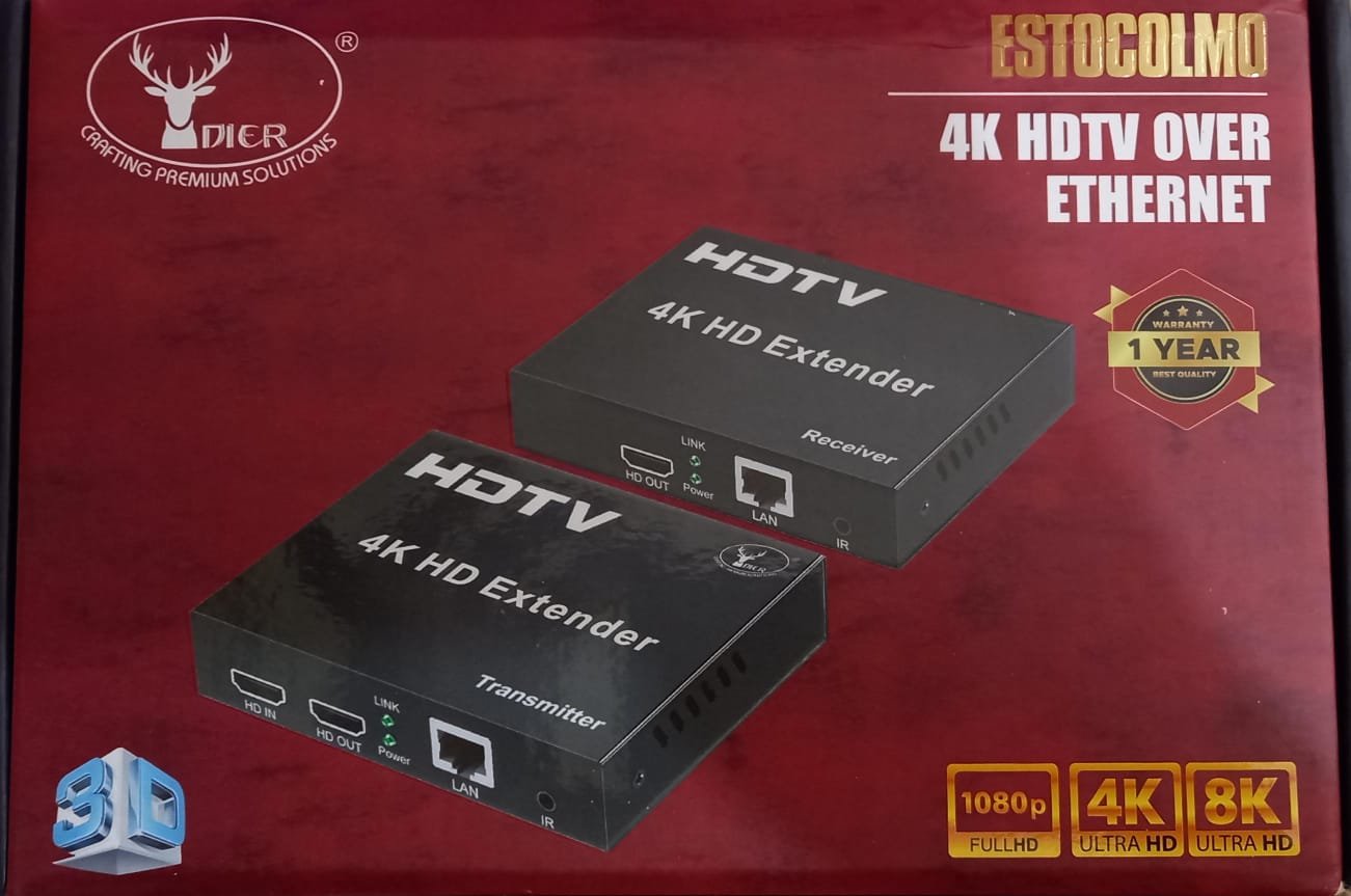 Extender HDMI Dier ESTOCOLMO 120Mtr | 4K HDTV Over Ethernet, Repeater Transmitter / Sender + Receiver Over Cat5 / Cat6 Upto 120mtr, Supports 3D & Full HD1080p, For TV, Projector, HDTV, DVR, PC, DVD, With Adaptor, Black