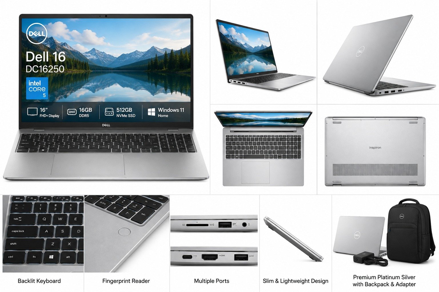Dell 16 DC16250 Laptop | Intel Core 5 120U | 16GB DDR5 | 512GB NVMe SSD | 16″ 2K FHD+ IPS Anti-Glare 300-Nits Display | Windows 11 | Office H&S 2024 + M365 | Backlit Keyboard | Fingerprint Reader | Backpack | Platinum Silver