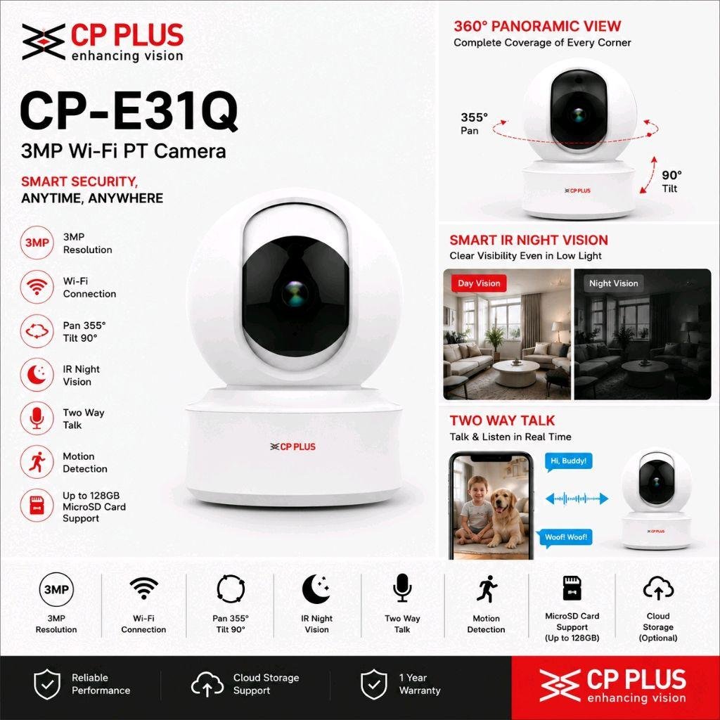 CP PLUS EzyKam CP-E31Q 3MP Wi-Fi PT Indoor Security Camera | 2304×1296 Resolution | 355° Pan & 71° Tilt | 15M IR Night Vision | 4mm Lens | Motion Detection & Tracking | Built-in Mic & Speaker | Alexa & Google Home | MicroSD Up to 256GB | White