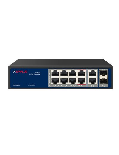 Switch CP Plus CP-ANW-GPU8G2F2-N12 | 8 Port Gigabit Unmanaged PoE Switch with 2 Gigabit Uplinks & 2 SFP Ports, Black