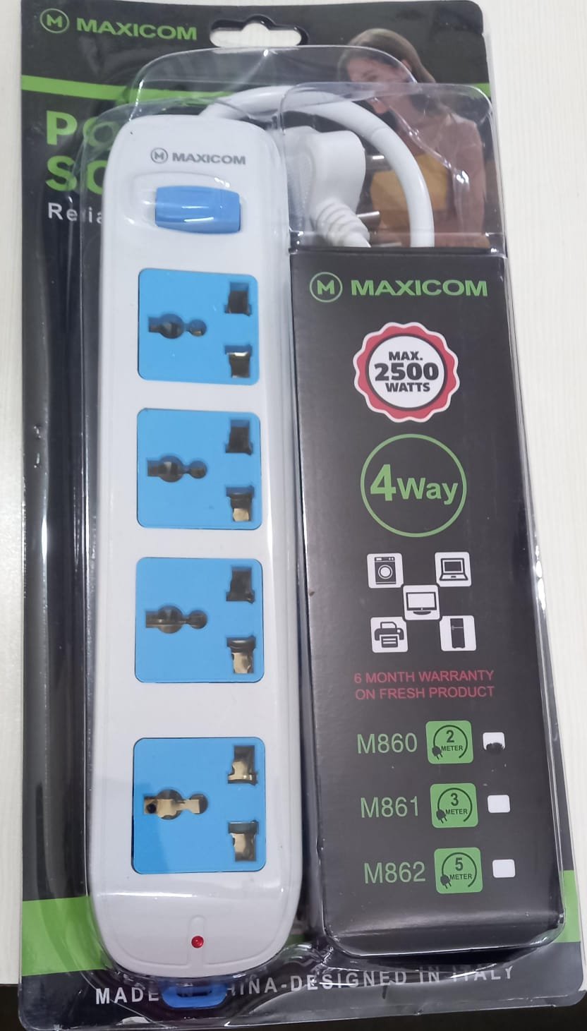 Maxicom M-860 2mtr Spike Guard Power Strip | Max 2500Watt Surge Protection, 4 Multiple Socket Power Extension, Home & Office Use, White