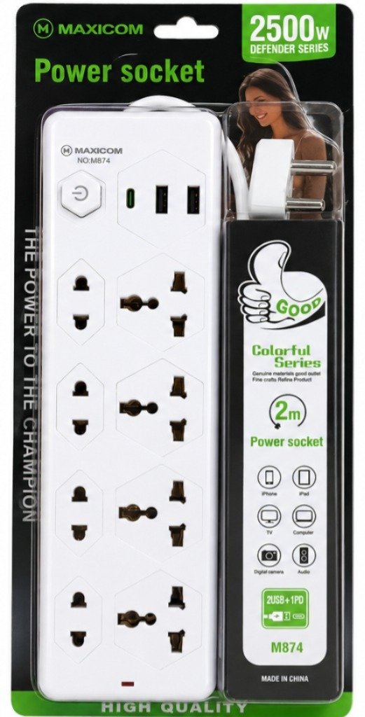 Maxicom M-874 2mtr Spike Guard Power Strip | Max 2500Watt, 2 USB + 1 PD Type-c Port, 4 Multi-Socket Power Extension Board for Home & Office, White
