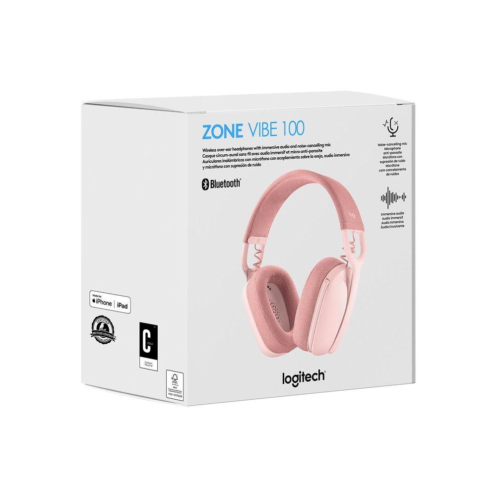 Headphone Logitech Zone Vibe 100 | Lightweight Wireless Over-Ear Headphones with Noise-Cancelling Microphone, Advanced Multipoint Bluetooth Headset, Works with Teams, Google Meet, Zoom, Mac / PC | Color: Rose
