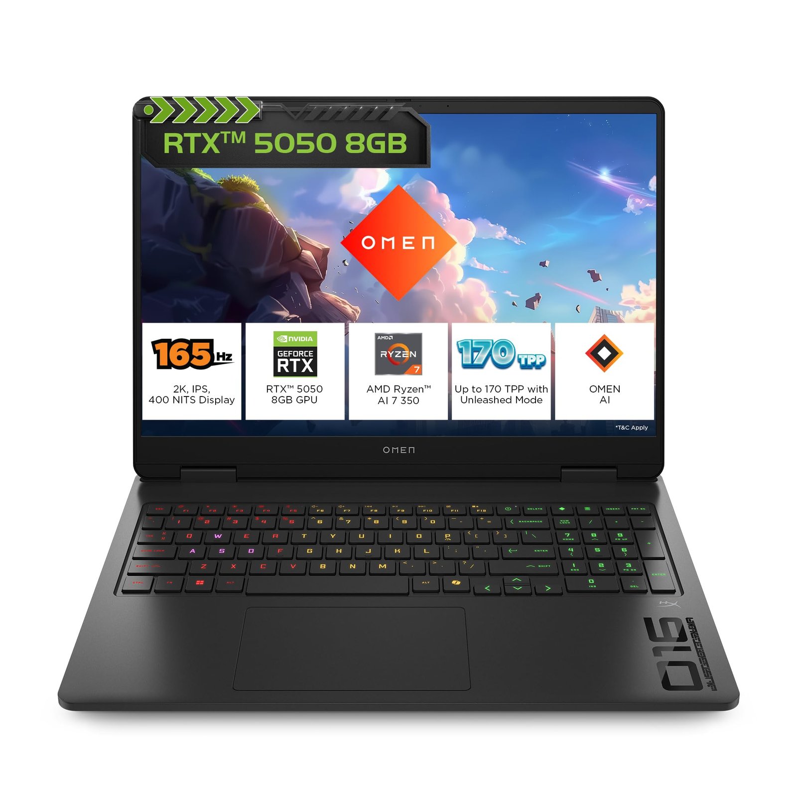 HP OMEN AP0165AX AI Gaming Laptop | AMD Ryzen AI 7 350 | NVIDIA GeForce RTX 5050 8GB | 24GB DDR5 RAM | 1TB SSD | 16-inch 2K Display | 165Hz | Windows 11 | Office 2024 | RGB Keyboard | Shadow Black