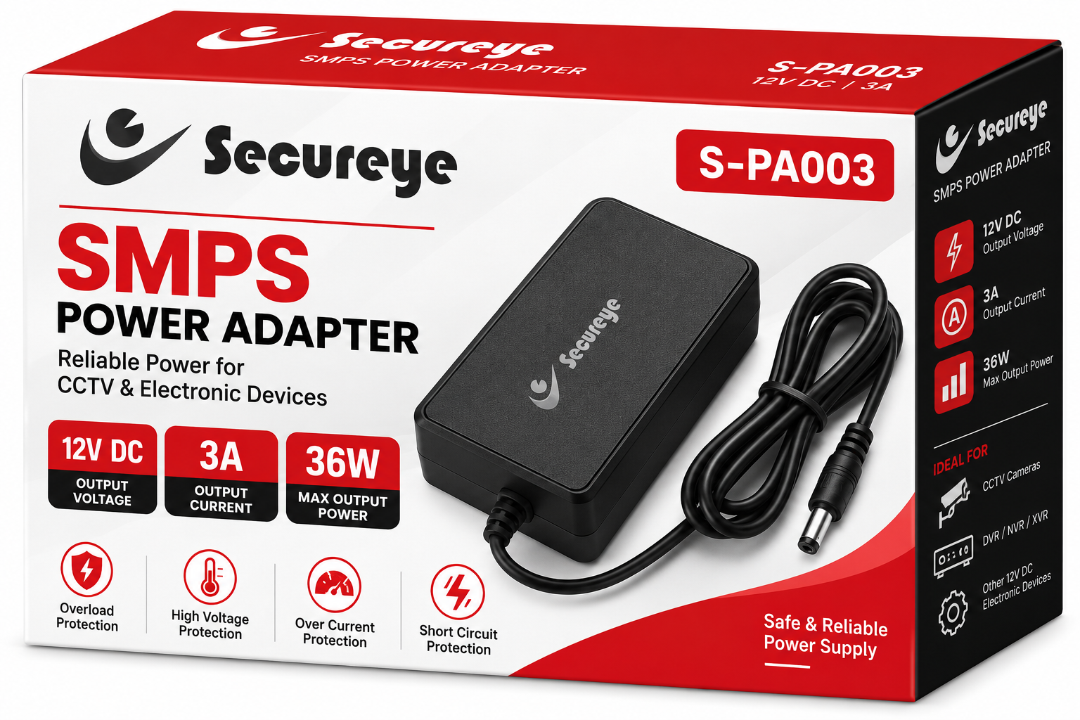 Secureye S-PA003 12V 3A SMPS Power Adapter for CCTV Cameras, DVR, XVR & Compatible 12V DC Electronic Devices