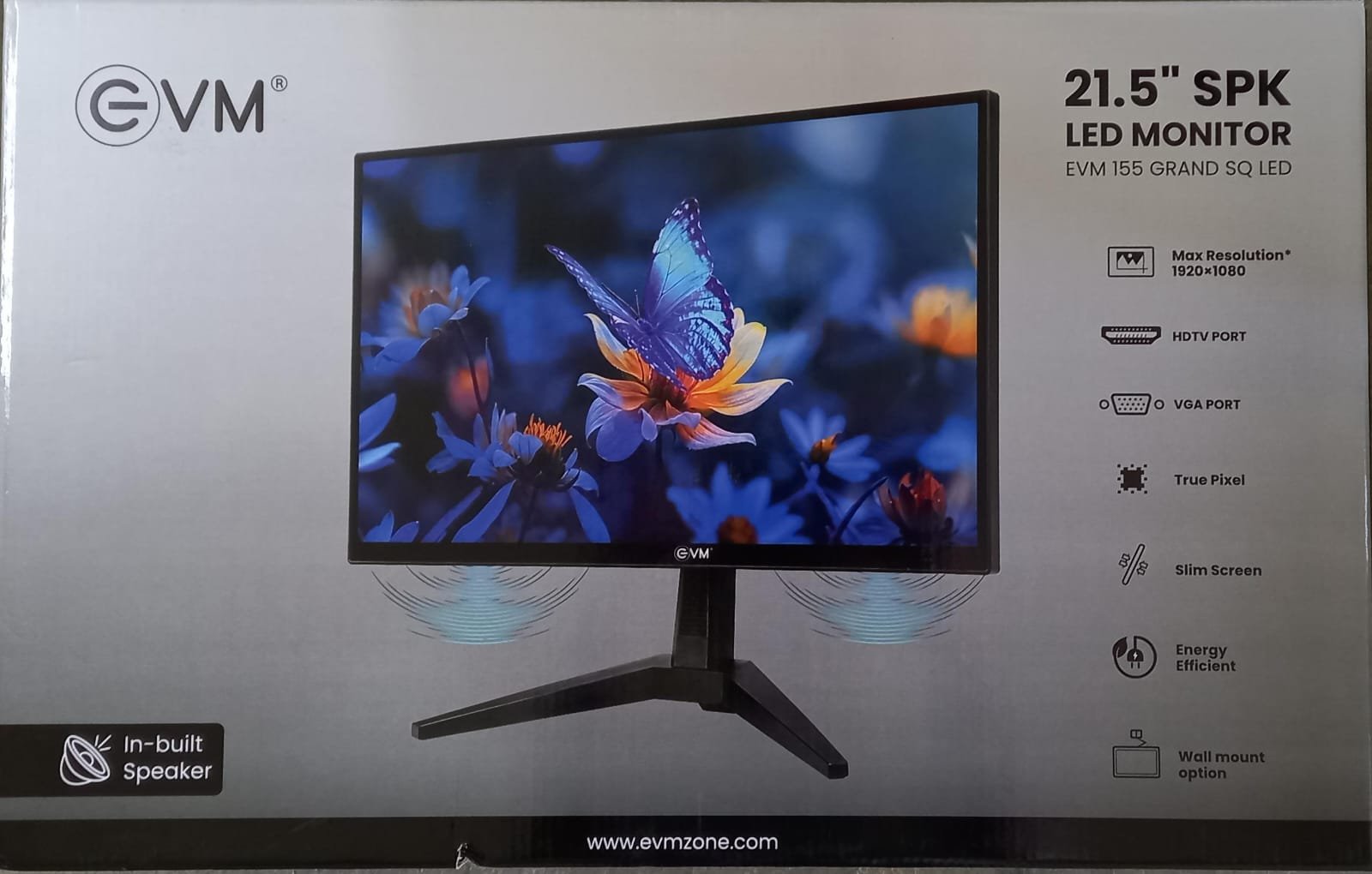 EVM 155 Grand SQ LED 21.5 Inch Full HD LED Monitor with Built-in Speakers | 1920 x 1080 Resolution, True Pixel, Slim Design, HDMI & VGA Port, Energy Efficient & Wall Mount Support, Black